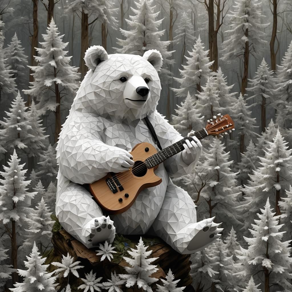 Um urso branco grande com uma guitarra na mão tocando sentad...