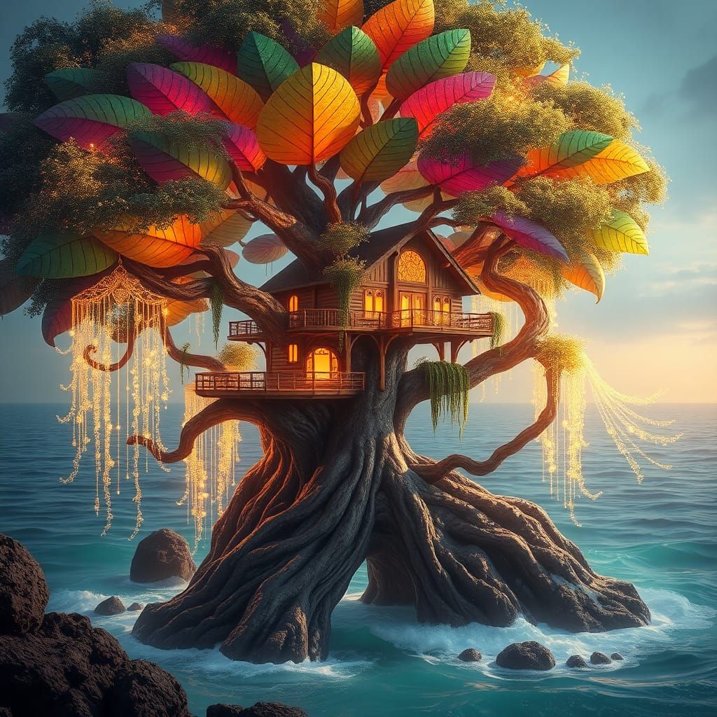 treehouse over the ocean.
A huge Unreal looking tree. The leaves are larger than a football. Each leaf has a different ...
