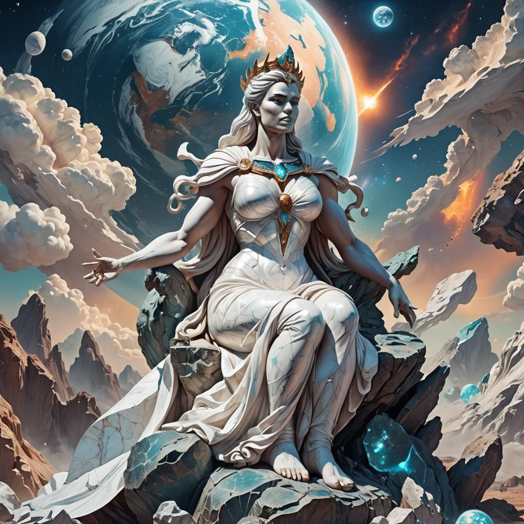 Giant Marble Goddess Sitting on Earth: Astral Illustration
