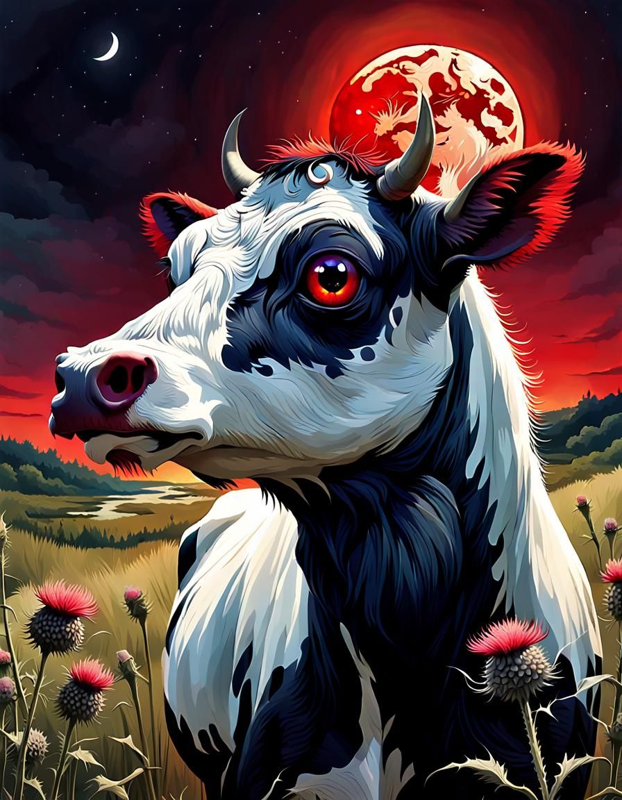 up close Side profile of a cow drawn with a small head and a huge over exaggerated caricature eye, a large red full moon...