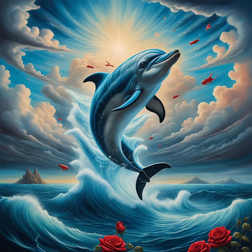 Surreal Dolphin in Stormy Sea with Roses