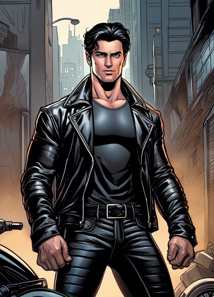 Handsome Man in Leather: Comic Book Art Style