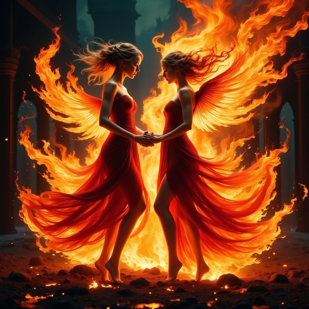 Hyperrealistic Fire Spirits Embrace in a Blazing Inferno