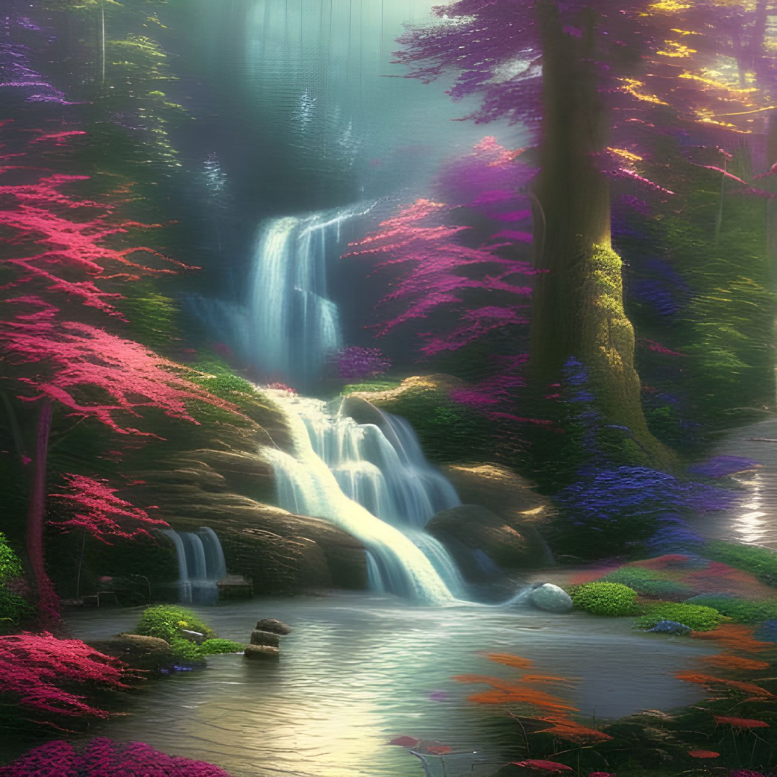 Ethereal Fantasy Waterfall in Kinkade Style