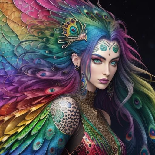 Rainbow Dragon Woman: Holographic Astral Illustration