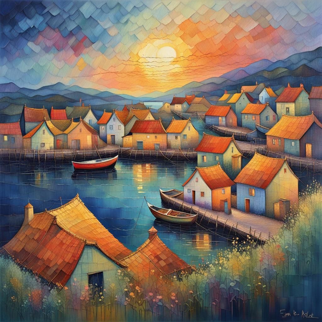 Patchwork art, medium shot, fishing village