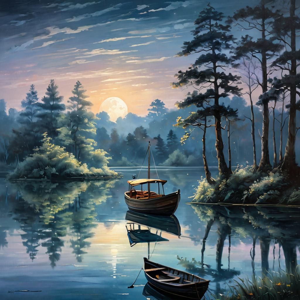 Moonlit Lake: Serene Oil Painting in 3D Render