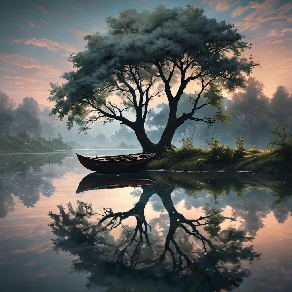 Moonlit Boat on Water: Surreal Oil Painting