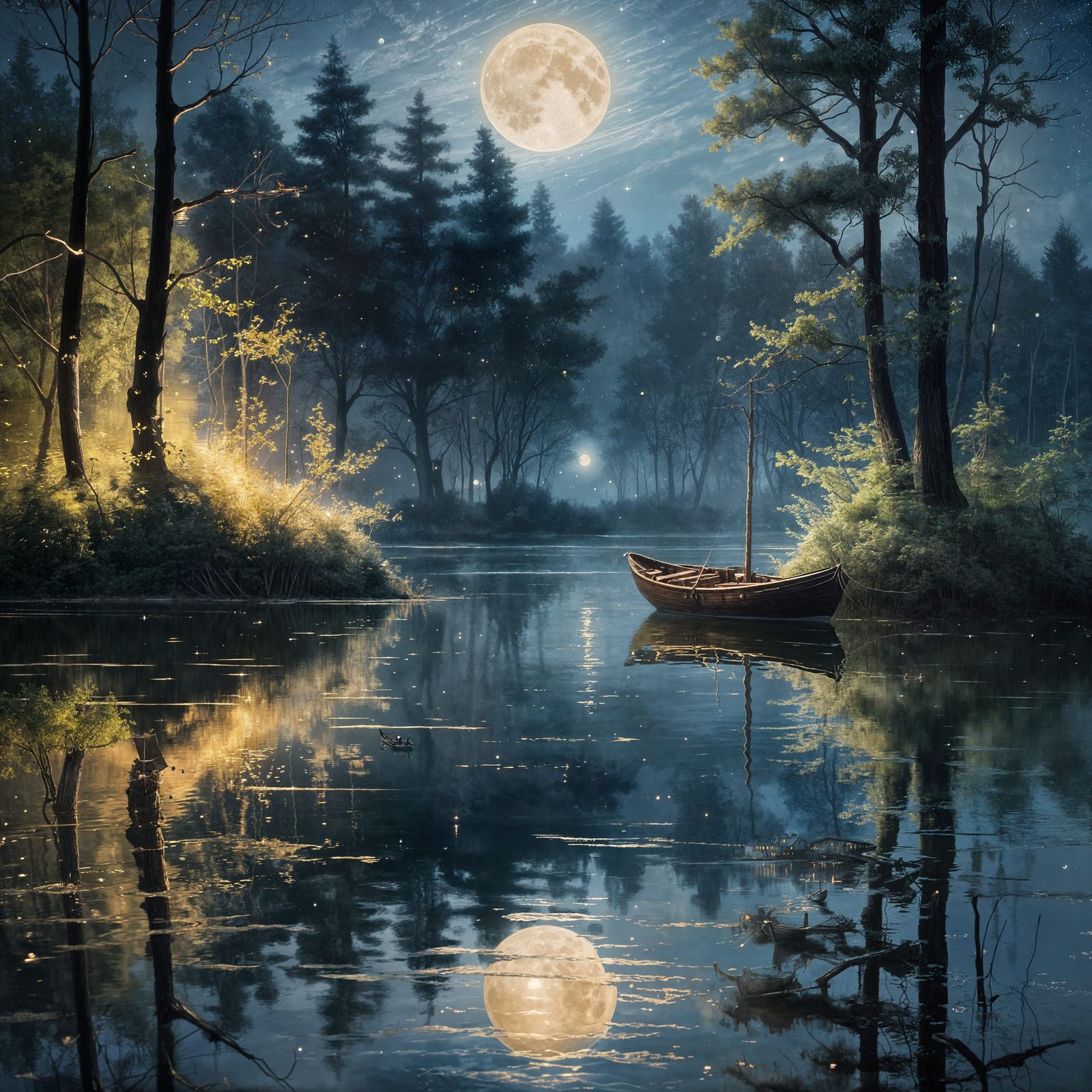 Moonlit Boat: Serene 3D Rendered Oil Painting
