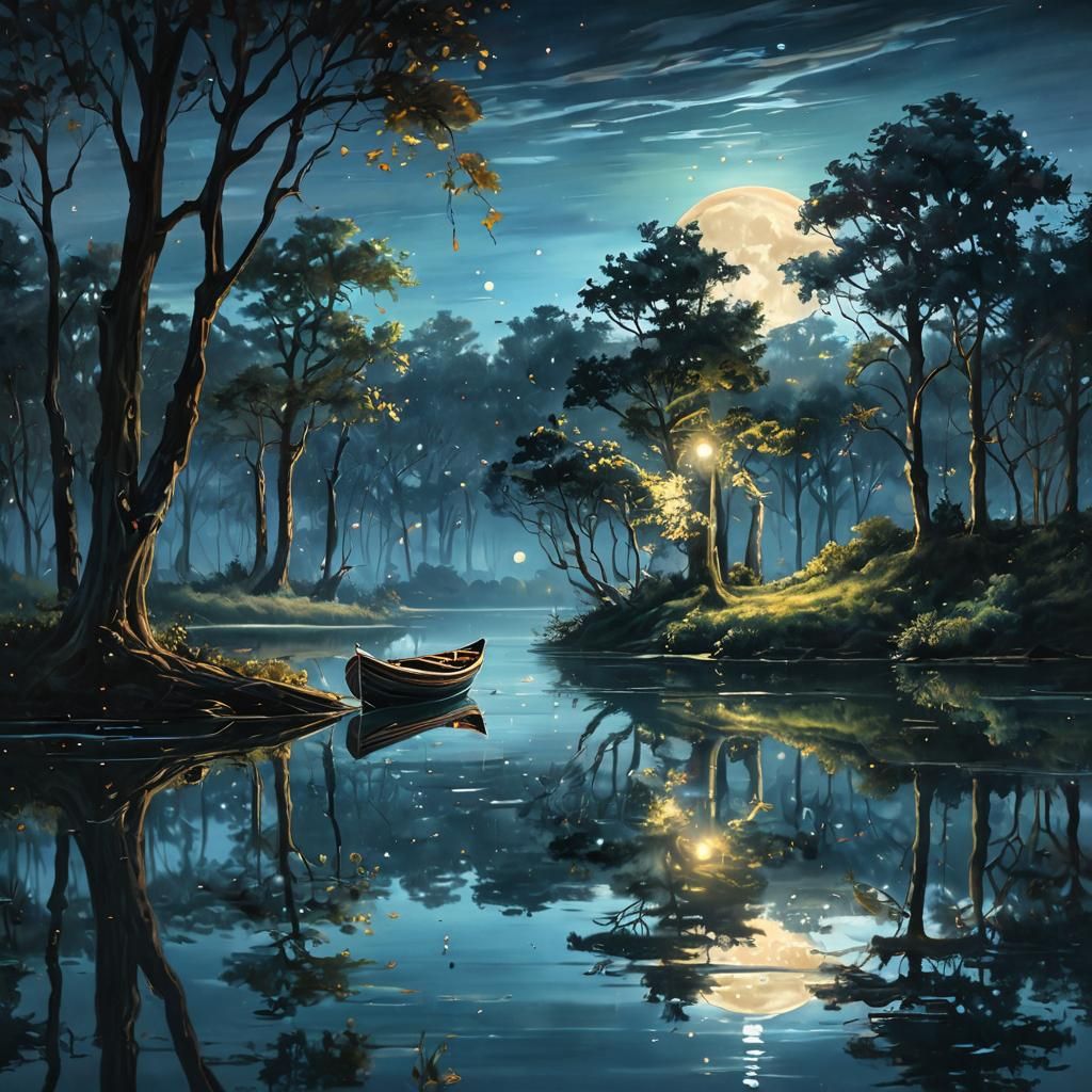 Moonlit Boat: Dreamy Oil Painting in 8K