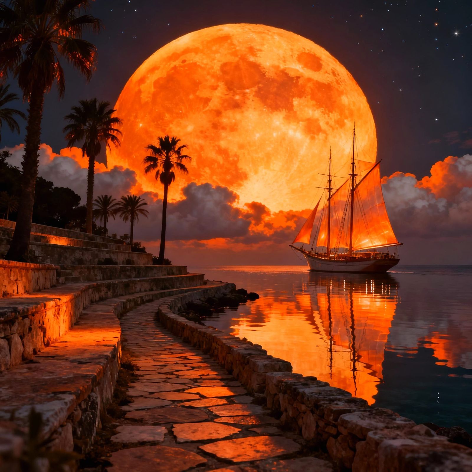 Cinematic Mediterranean Nightscape with Blazing Moon