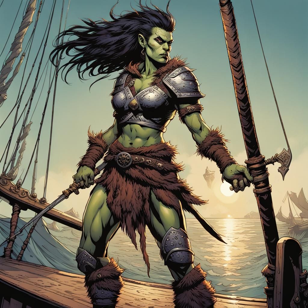 Female Orc Barbarian on Sailing Ship Deck