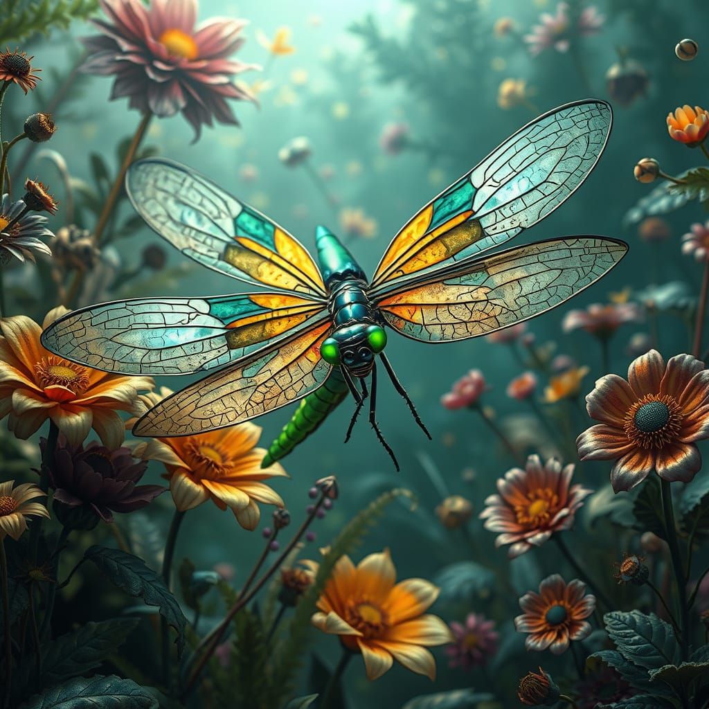 Giant Dragonfly in Clockwork Garden, Art Nouveau Style