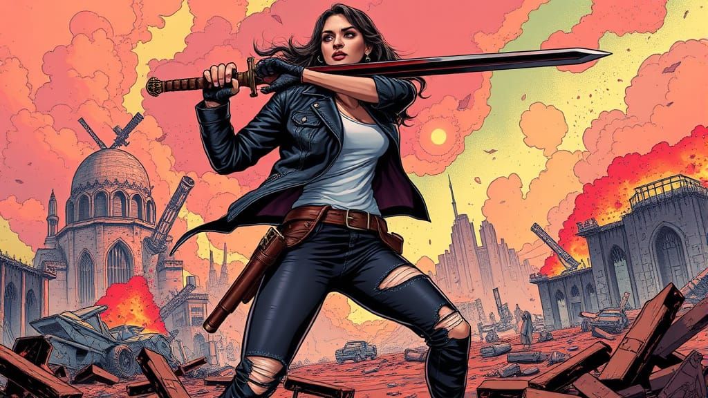 Post-Apocalyptic Swordswoman in Comic Book Style