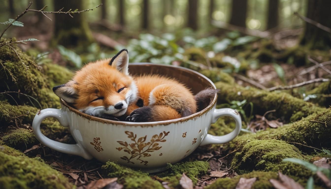 Kawaii Fox Cub Dream in Forest Teacup