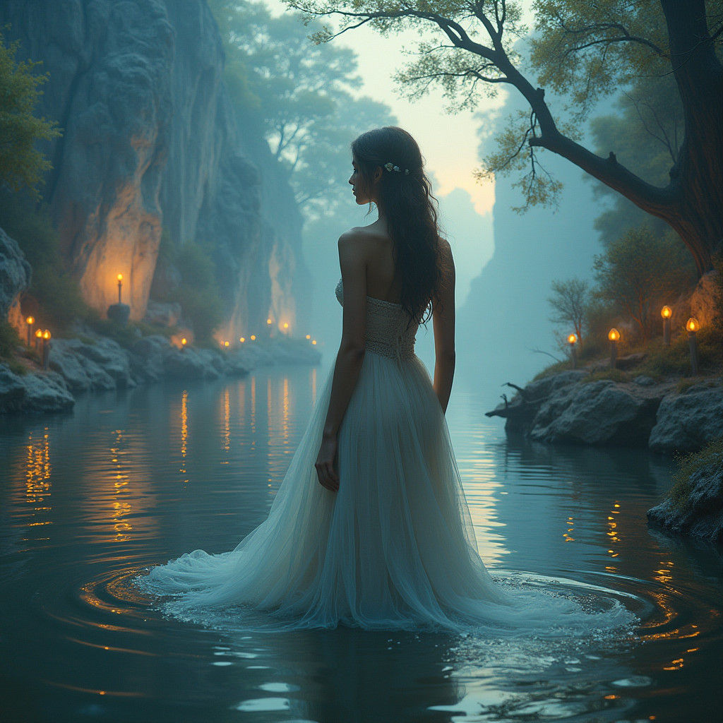 Ethereal Lake with Surreal Trees and Glass Creatures