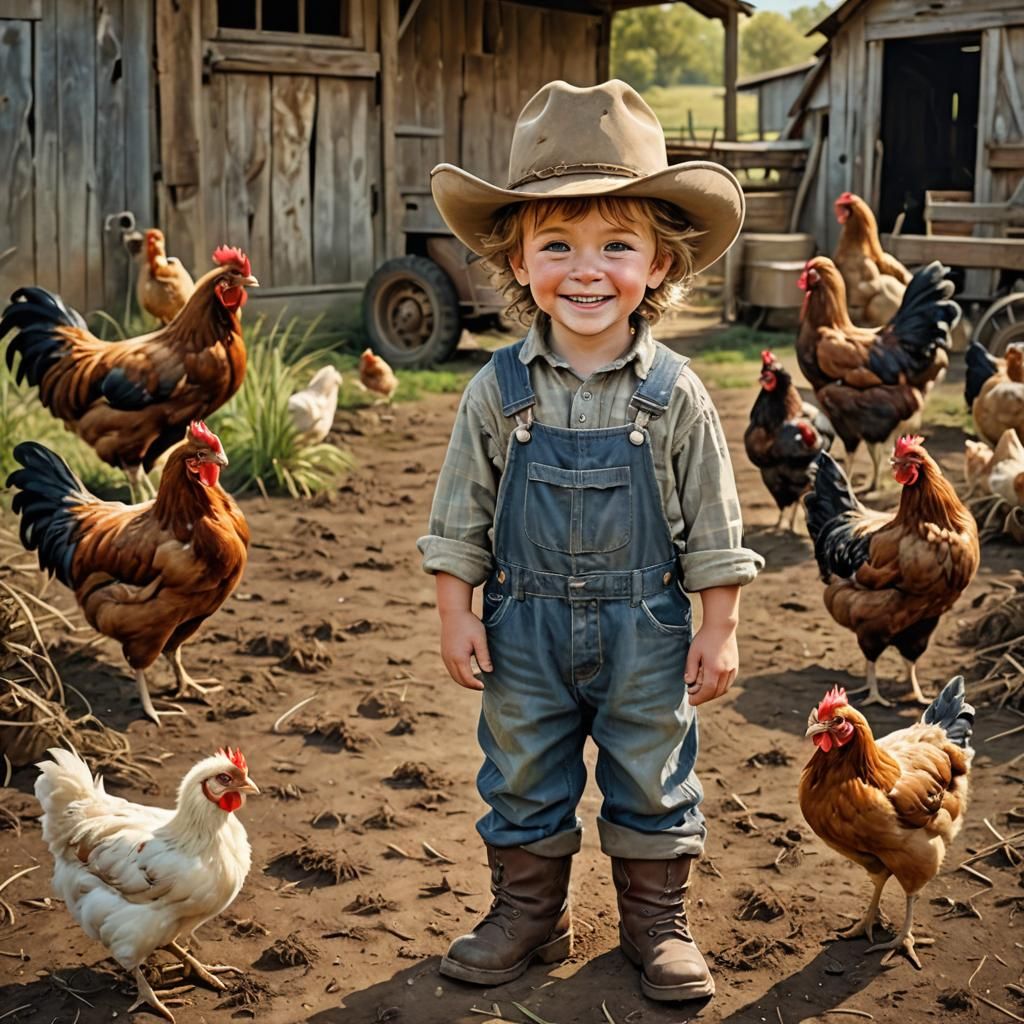 Cheeky Boy on Farm in Impasto Chalk Art Style