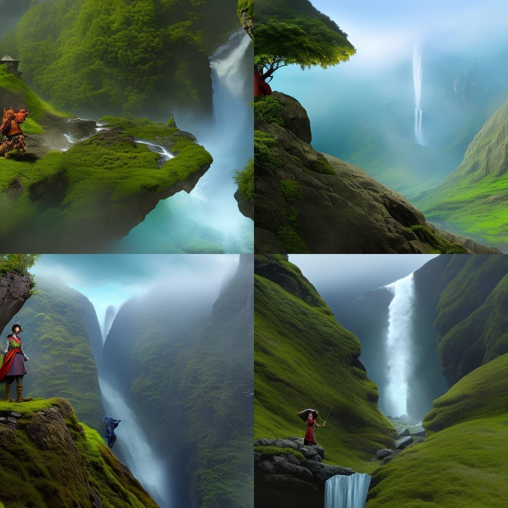Giantess Hillside Waterfall Fantasy Concept Art