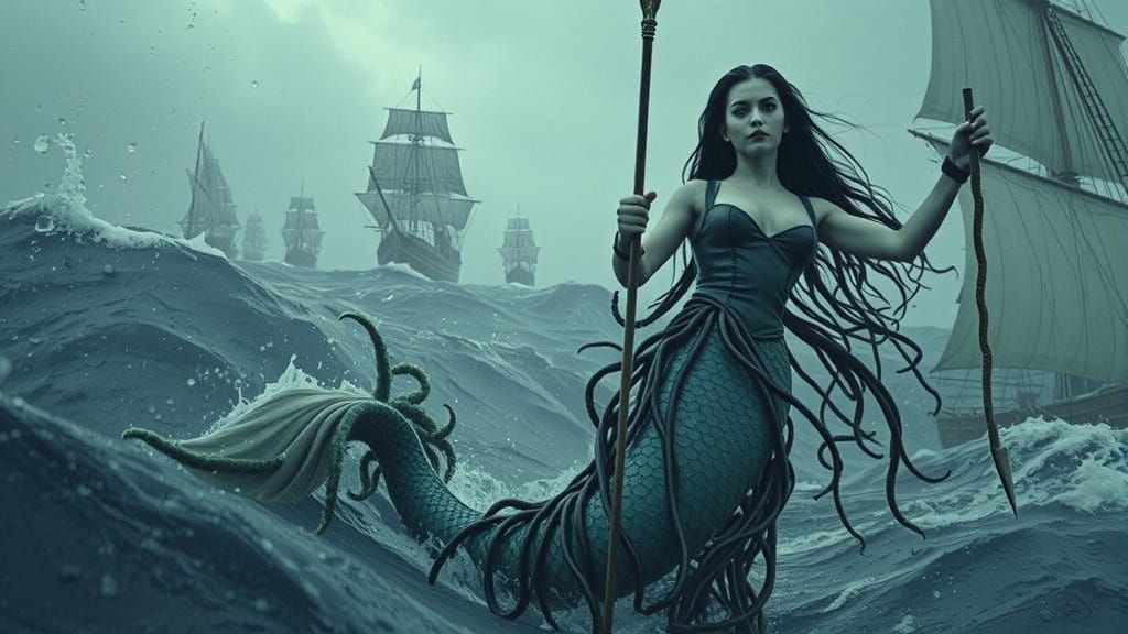 Sinister Mermaid in Stormy Seas with Sailing Ships