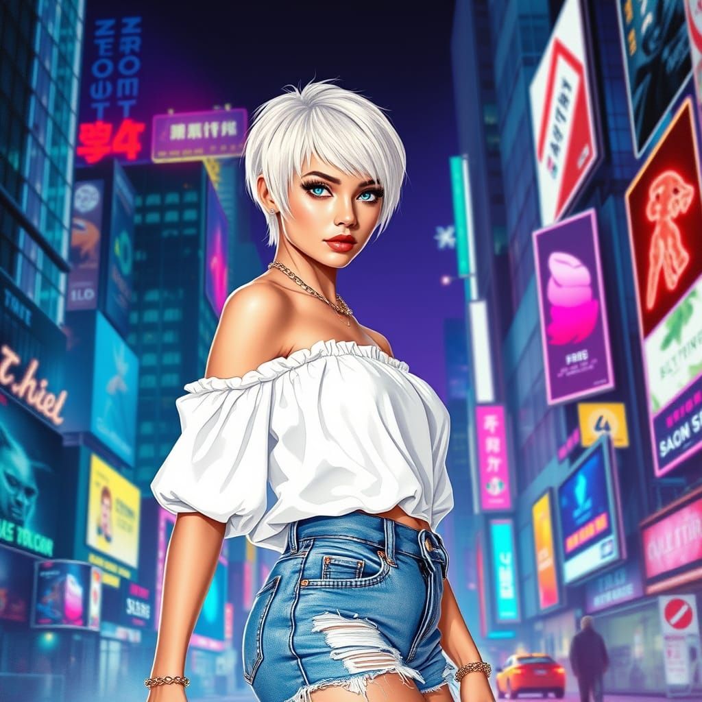 Cyberpunk Woman in Neon Cityscape: Digital Watercolor Fusion