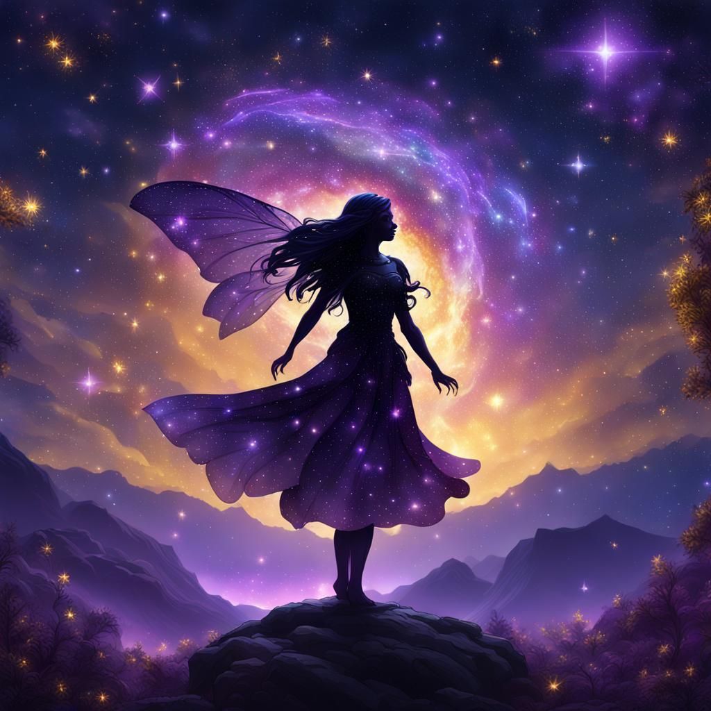 Celestial Fairy in Starry Night: Dark Fantasy Art