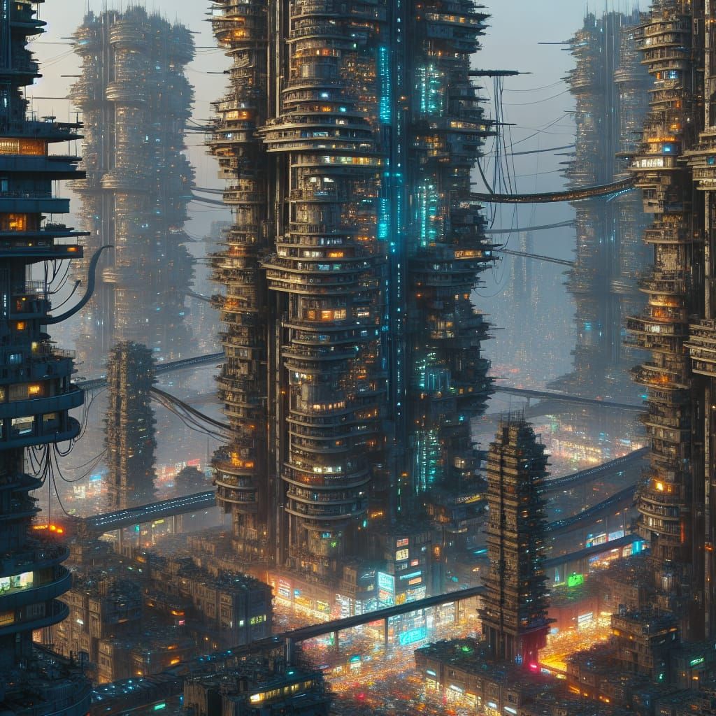 Brutalist Cyberpunk Megacity: Double Helix Towers