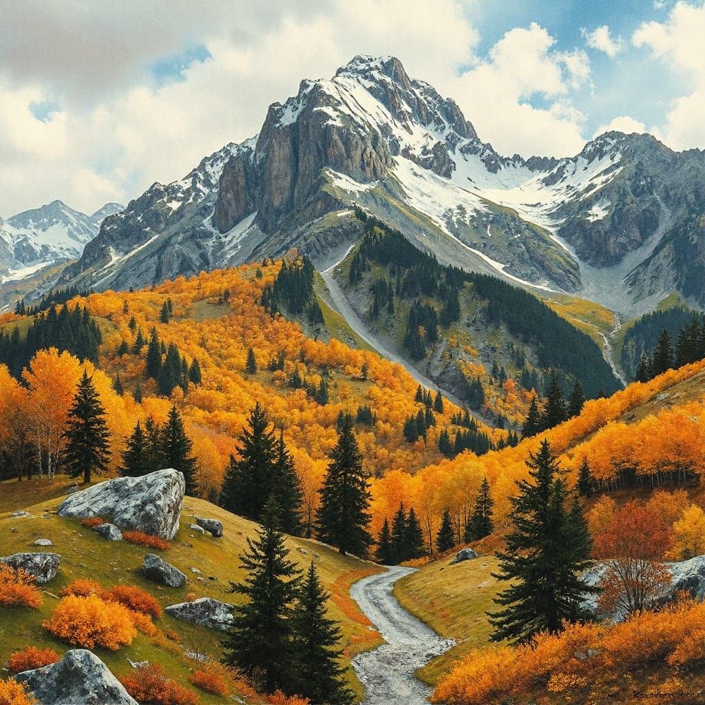 Detailed Autumn Mountain Landscape Painting in European Ink ...
