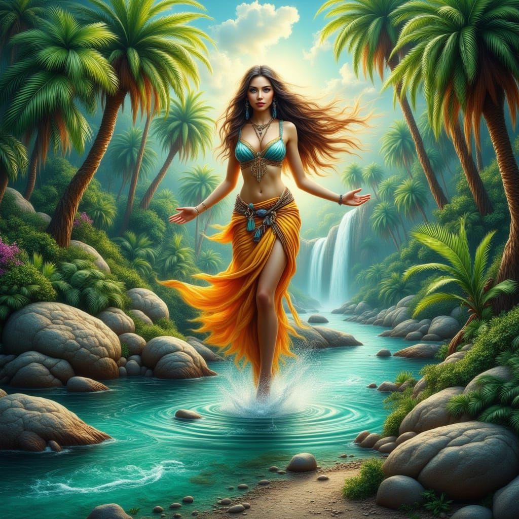 Majestic Goddess Rises from Enchanted Forest in Blue Fantasy...