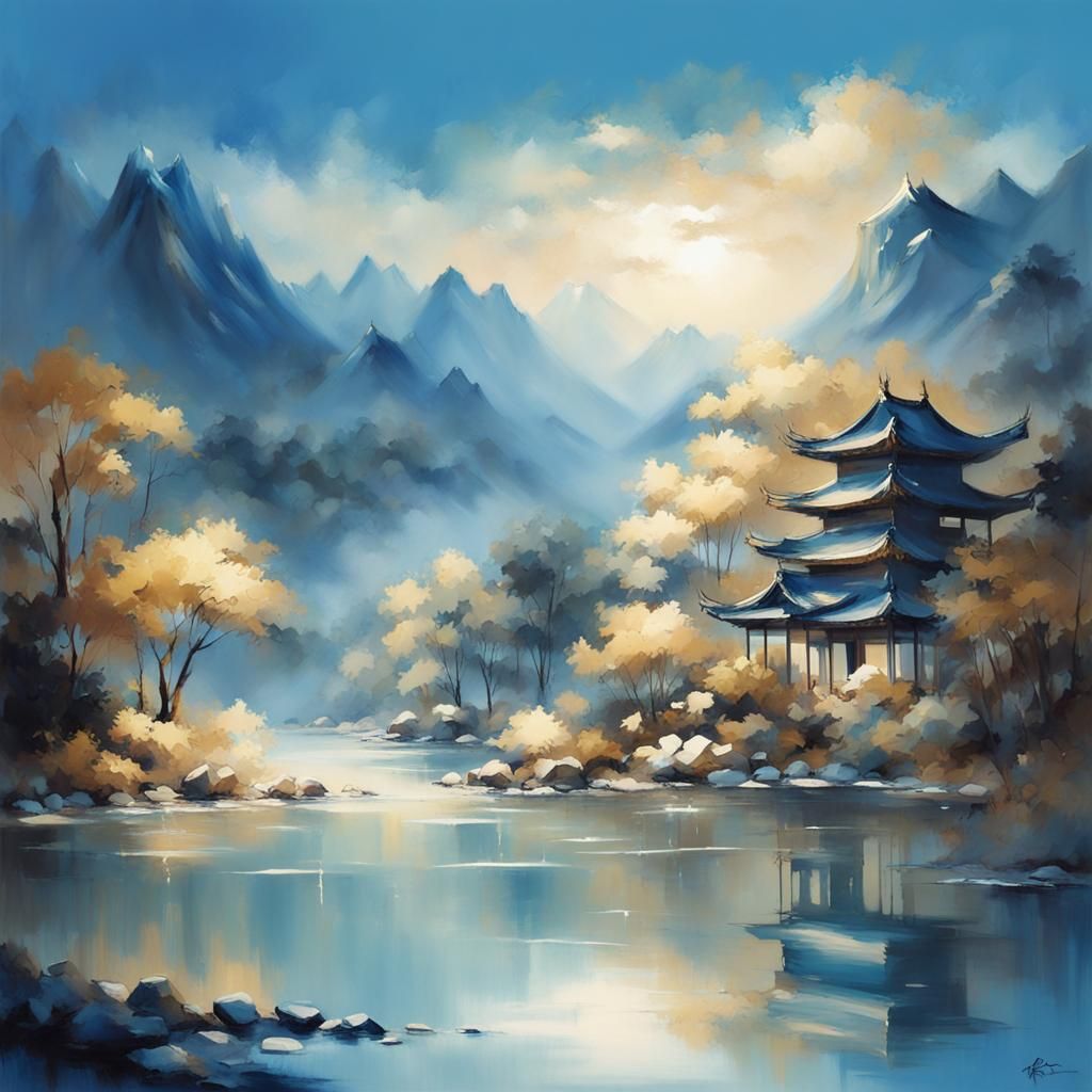 Asian Landscape in Blue, Cream, and Gold