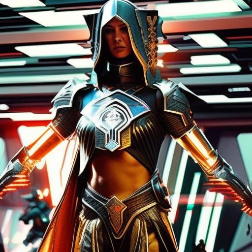 Futuristic Sith Lord with Lightsaber in Dramatic Lighting