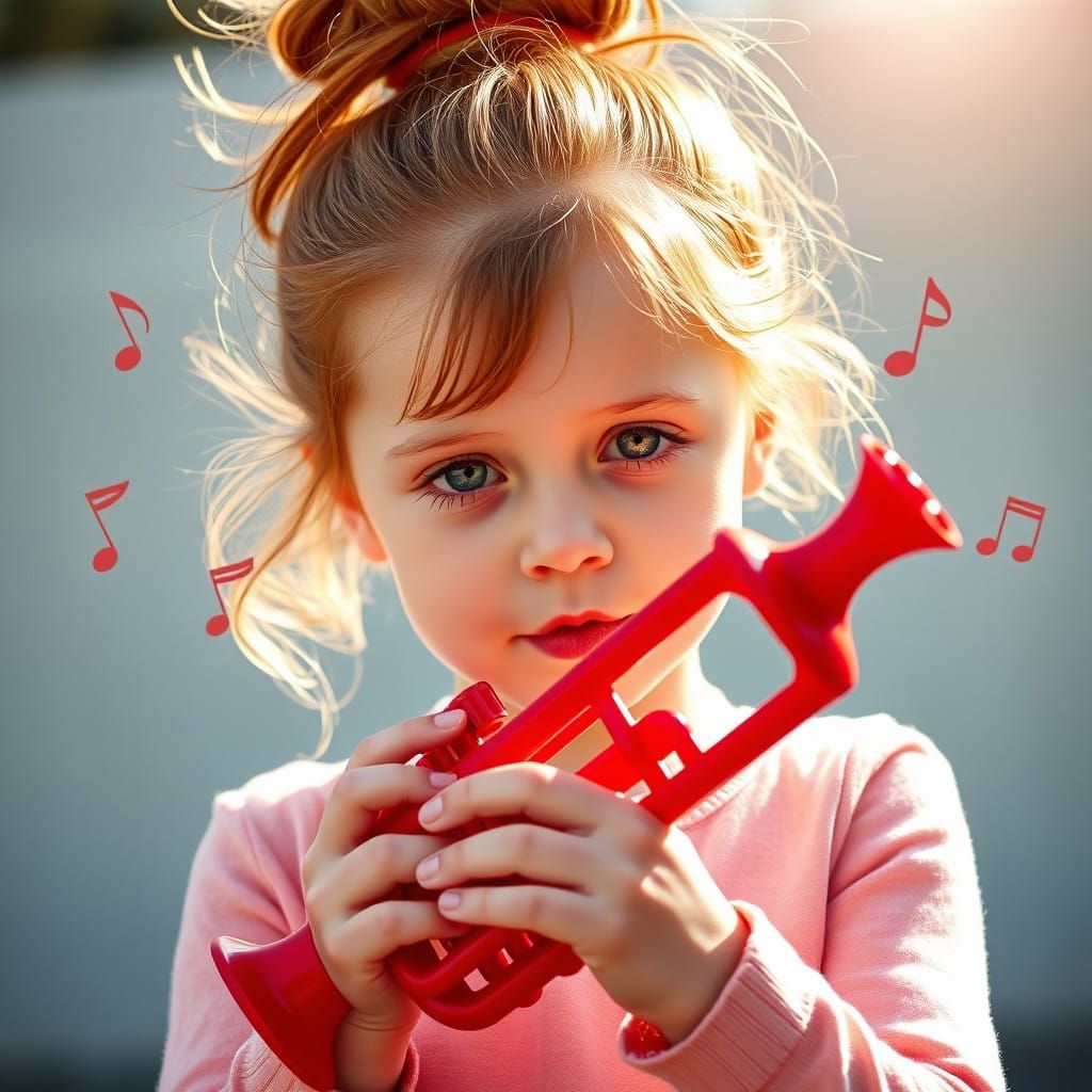 Joyful Young Girl Plays Trumpet in Warm Sunlight