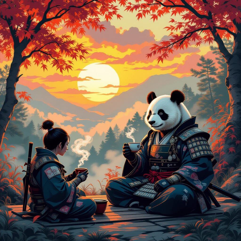 Samurai and Panda Enjoying Tea at Sunrise
