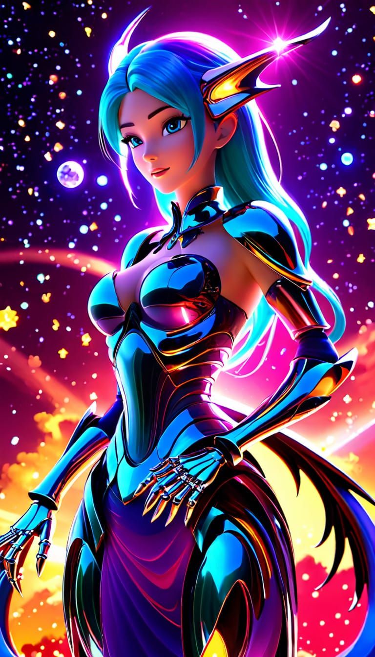 Surreal Cosmic Dragon Girl in Vibrant Cel-Shaded Colors