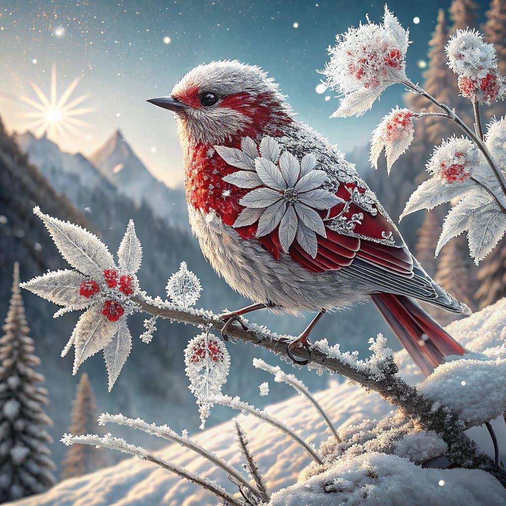 Hyper-Realistic Crystal Bird Perched on Frosty Mountain Bran...