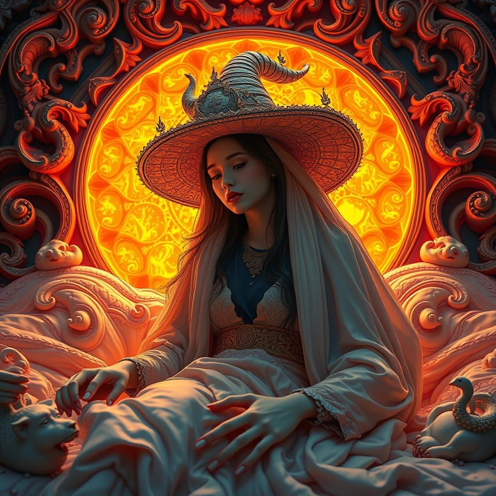 Surreal Wizard Woman in Vibrant Neon Bed Scene