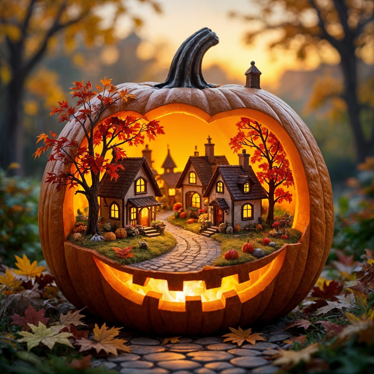 Autumn Village Inside a Jack O'Lantern