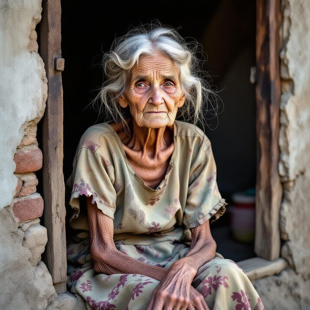 Emaciated Woman in Tattered Dress - Realistic Portrait