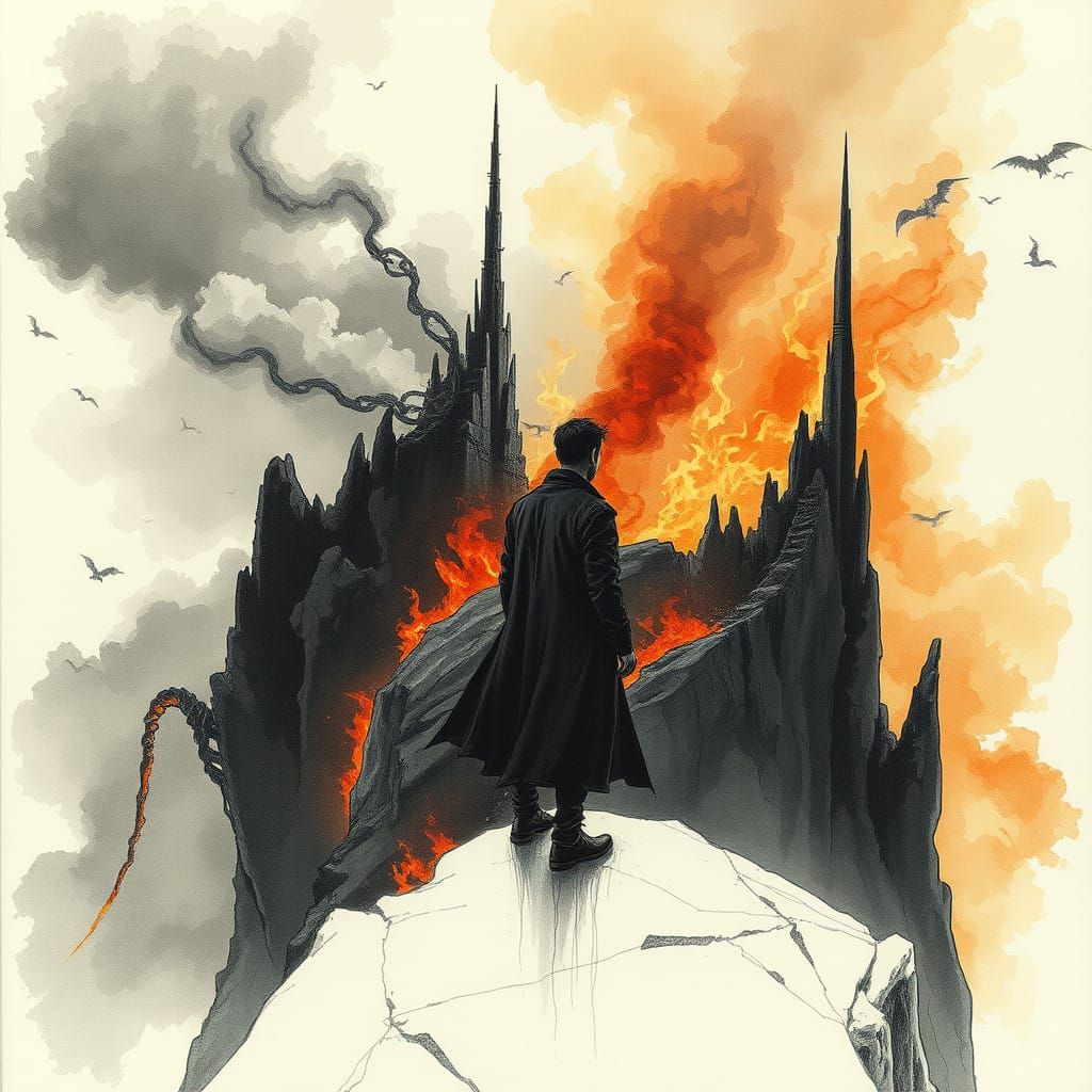 Man on the Edge of a Cliff in Apocalyptic Chaos