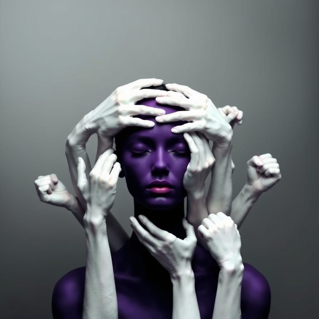 Surreal Figure in Vibrant White Hands Against Muted Grey