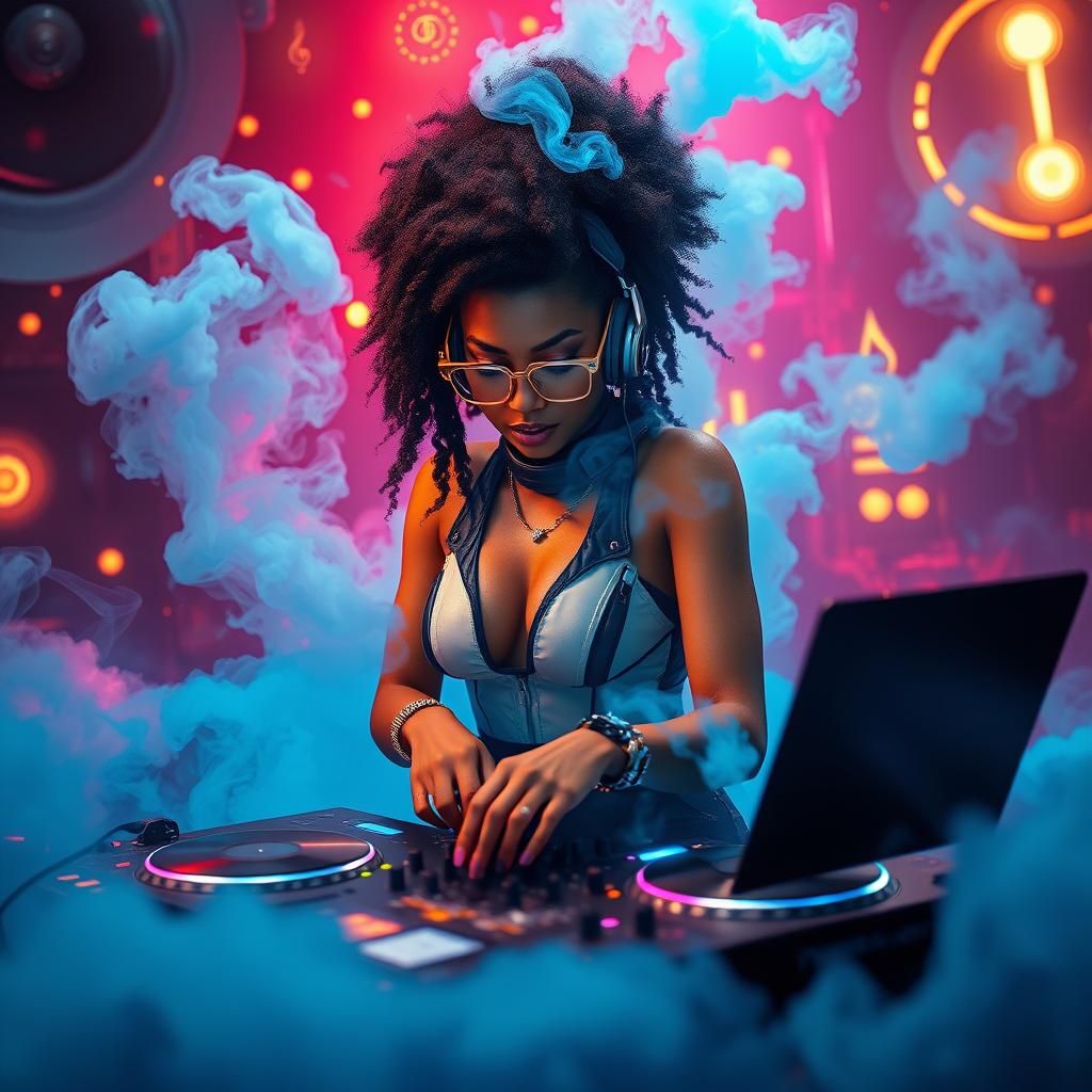 Cosmic Afro Latina DJ in Futuristic Nightclub