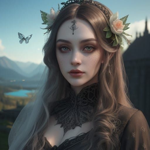 Gothic Christian Woman in Medieval Attire, Portrait with Hyp...