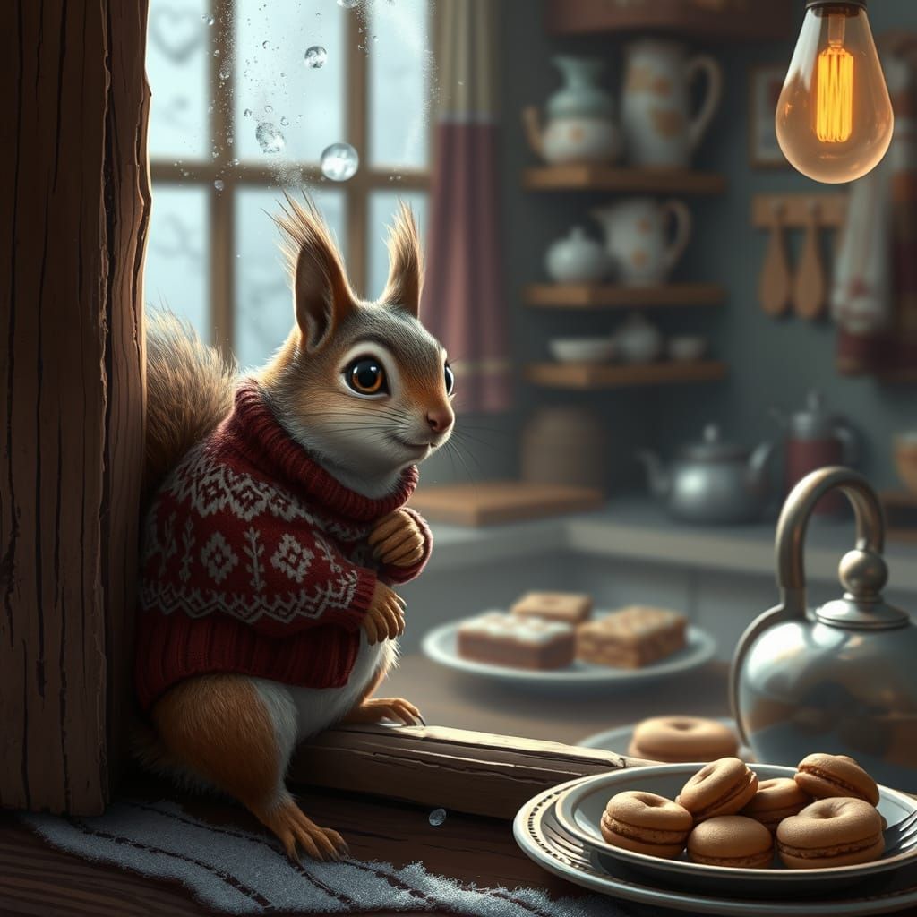 Squirrel in Sweater Peeks into Cozy Kitchen