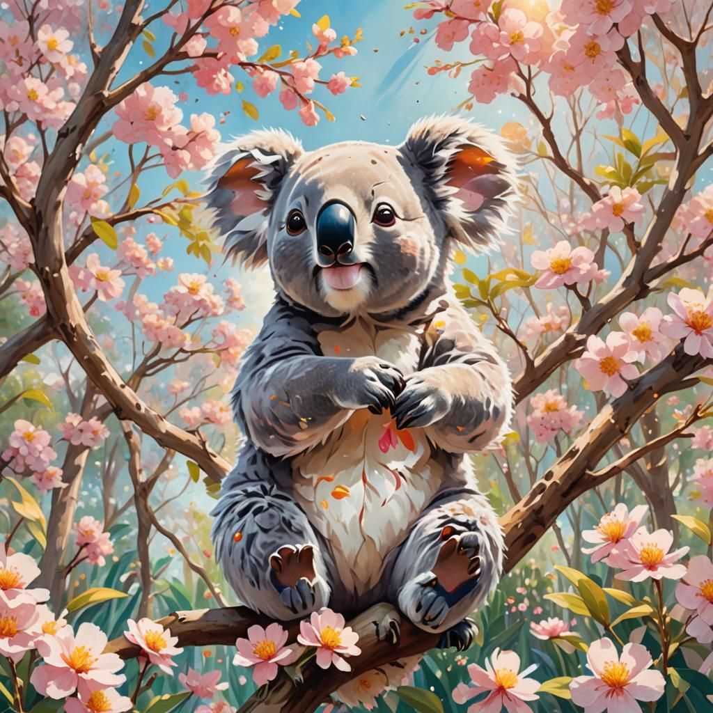 Koala's Oil Painting in Anime Flower Garden