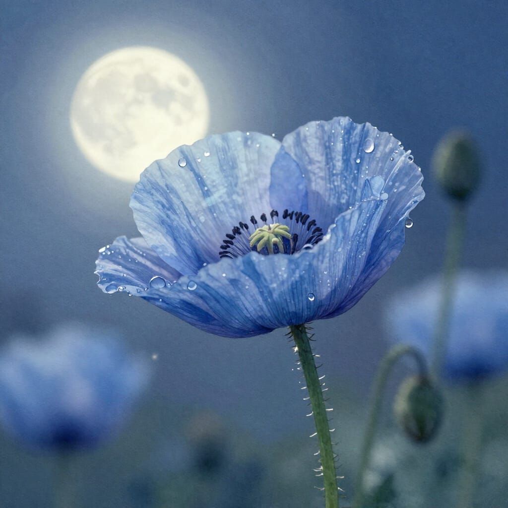 Blue Poppy in Soft Moonlight Watercolor