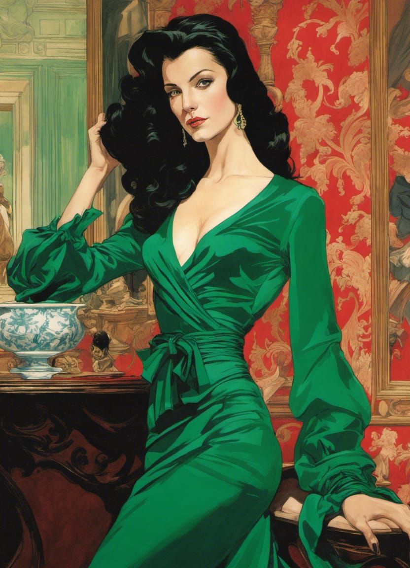 Vampire in Emerald Dress, Colorful Rococo Illustration