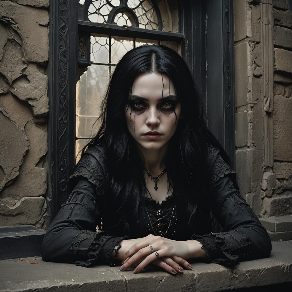Pale Girl in Gothic Window: Dark Fantasy Portrait