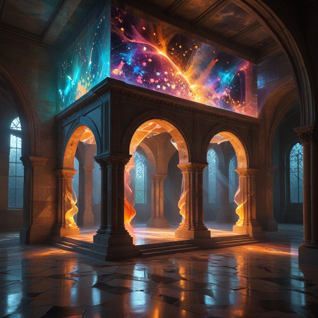 Futuristic Glowing Forms in Crumbling Marble Sanctum