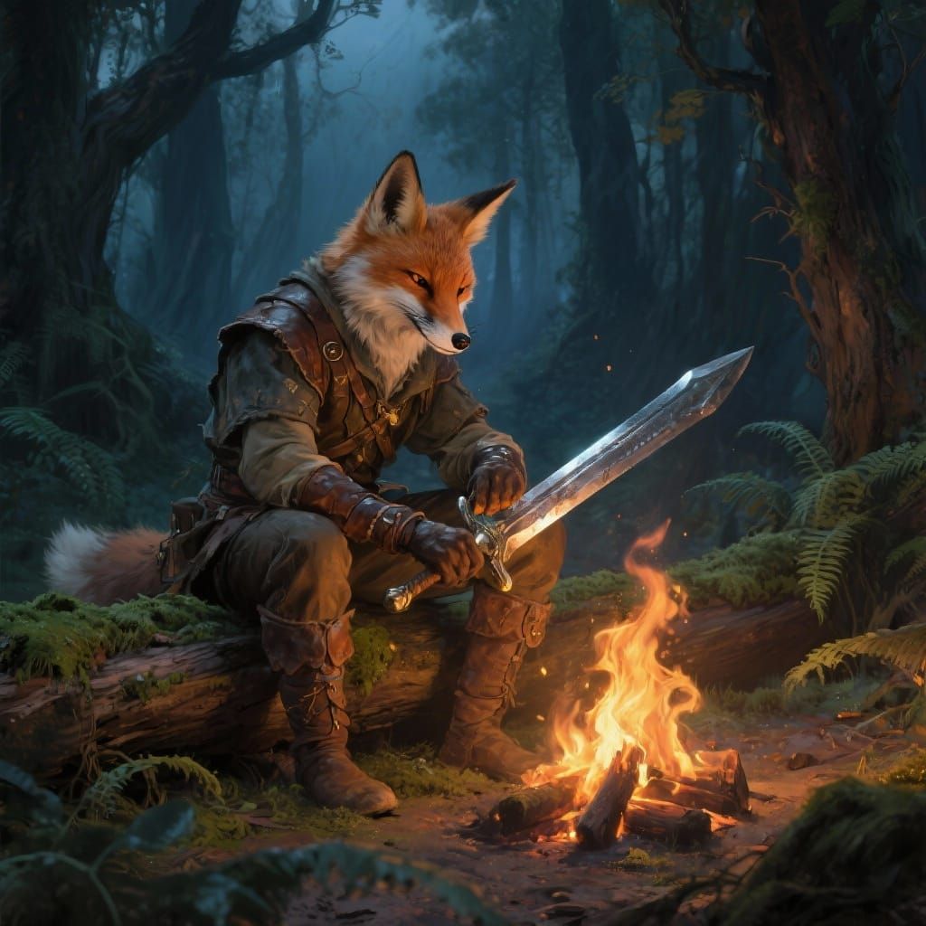Fox Adventurer Cleans Sword by Campfire in Twilight Forest