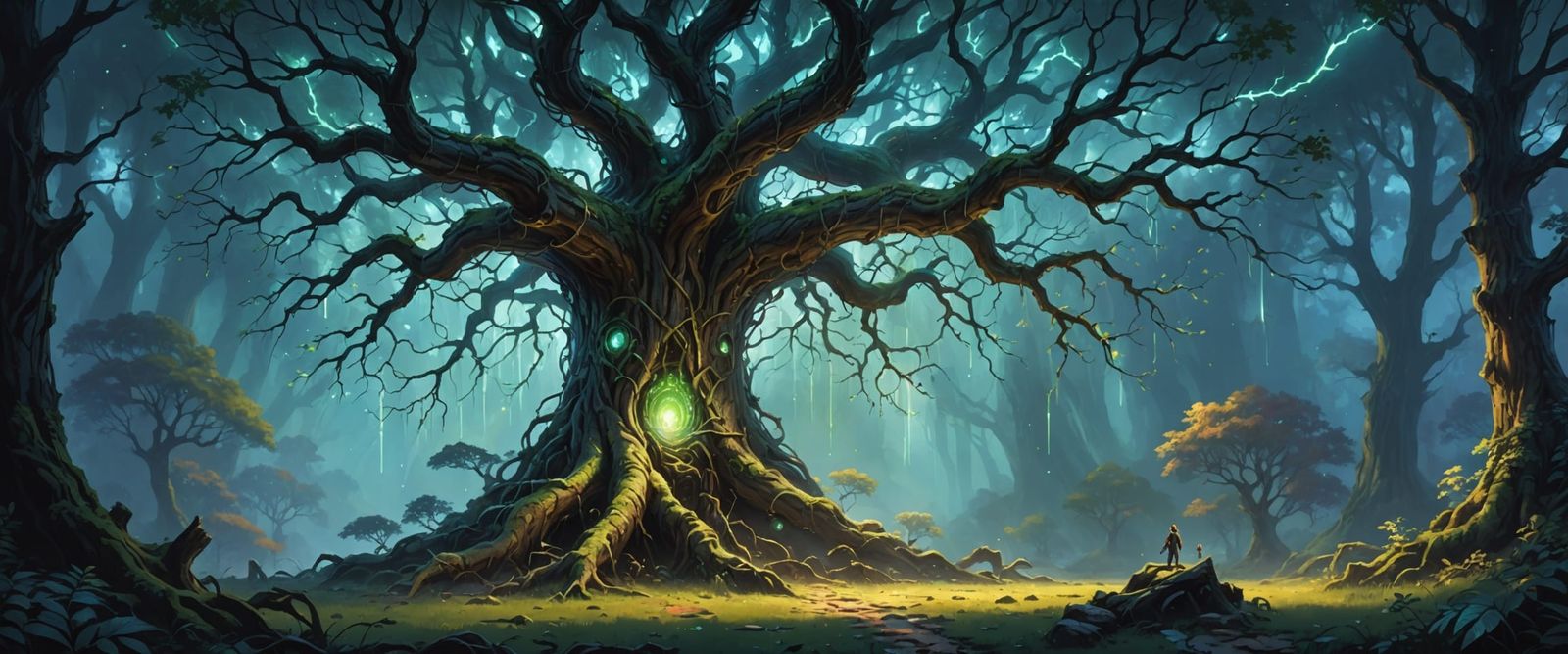 Ancient Tree with Glowing Circuits and Neon Roots