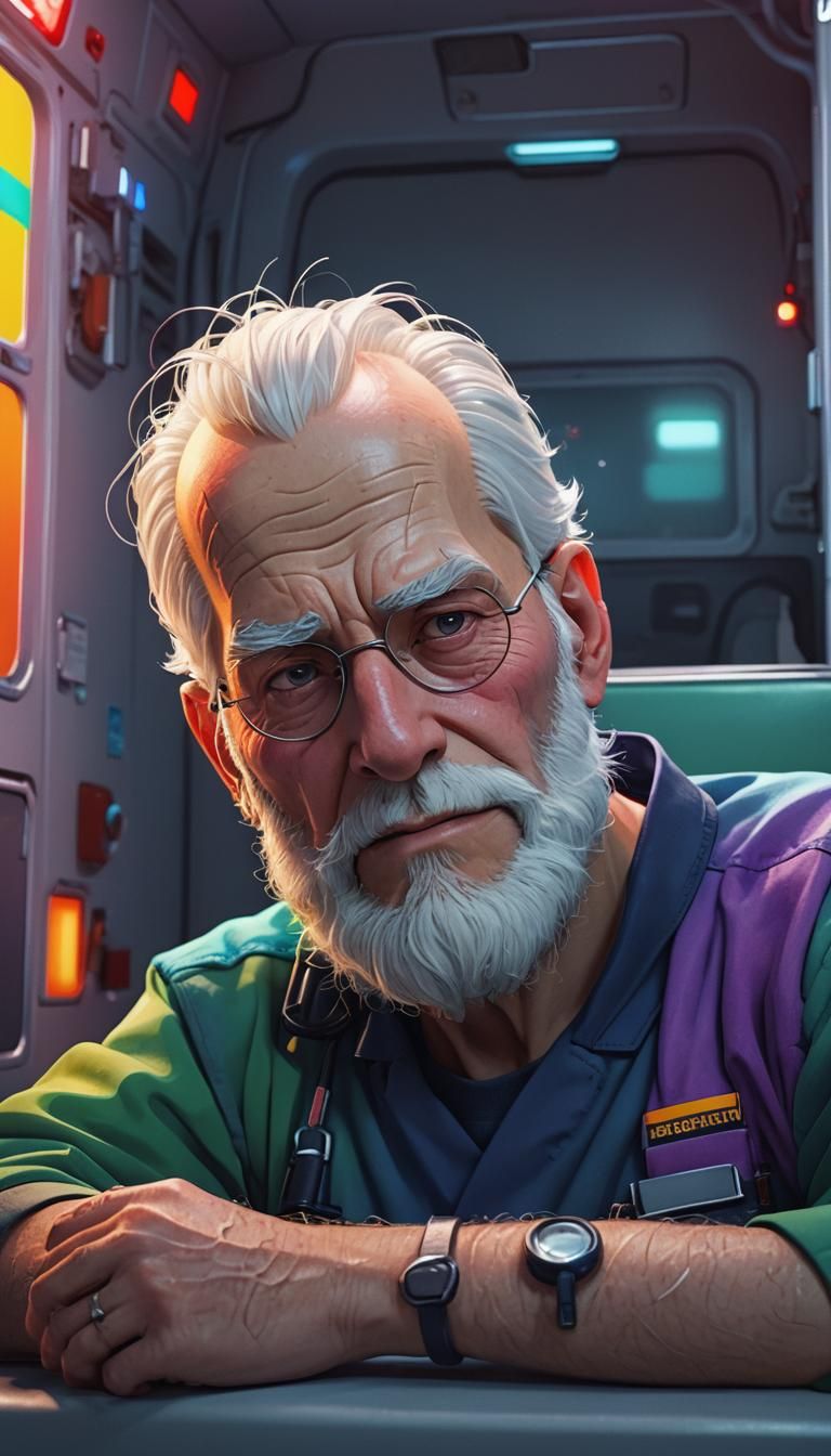 Sickly Old Man on Ambulance Bench in Pixar Style